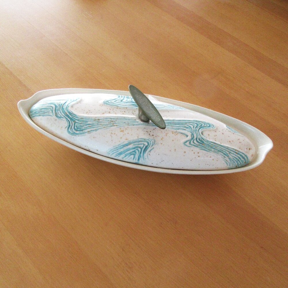 Mid Century long covered serving dish turquoise swirls with gold spotting